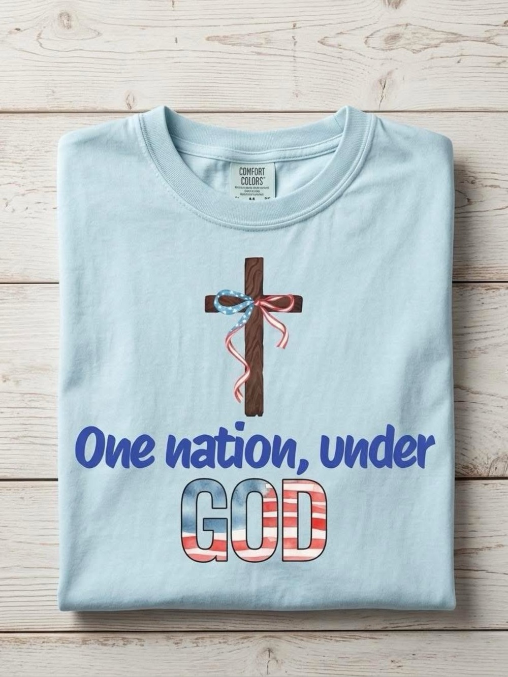 Comfort Colors Light Blue Patriotic Cross 'One Nation, Under God' Tee